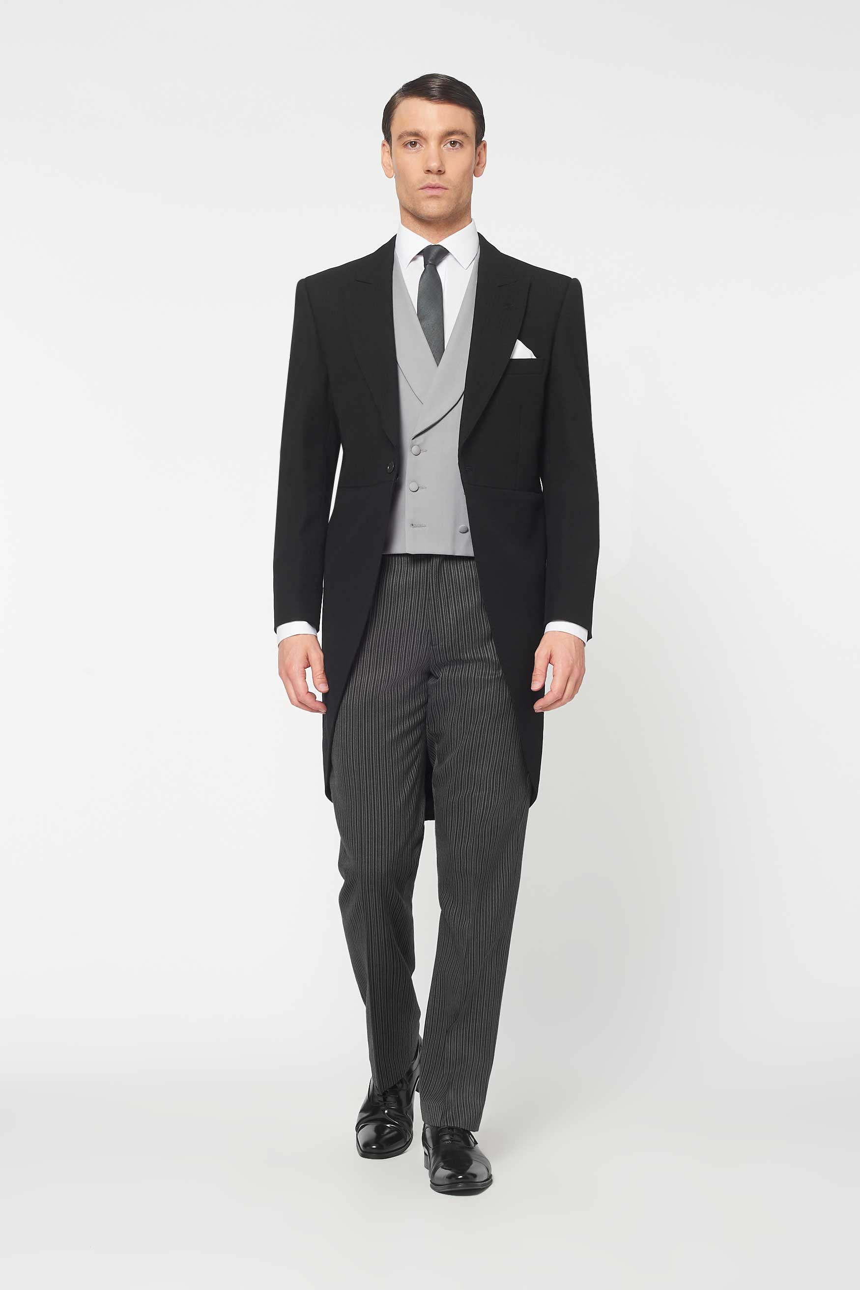 Black piece morning suit to hire with grey double breasted