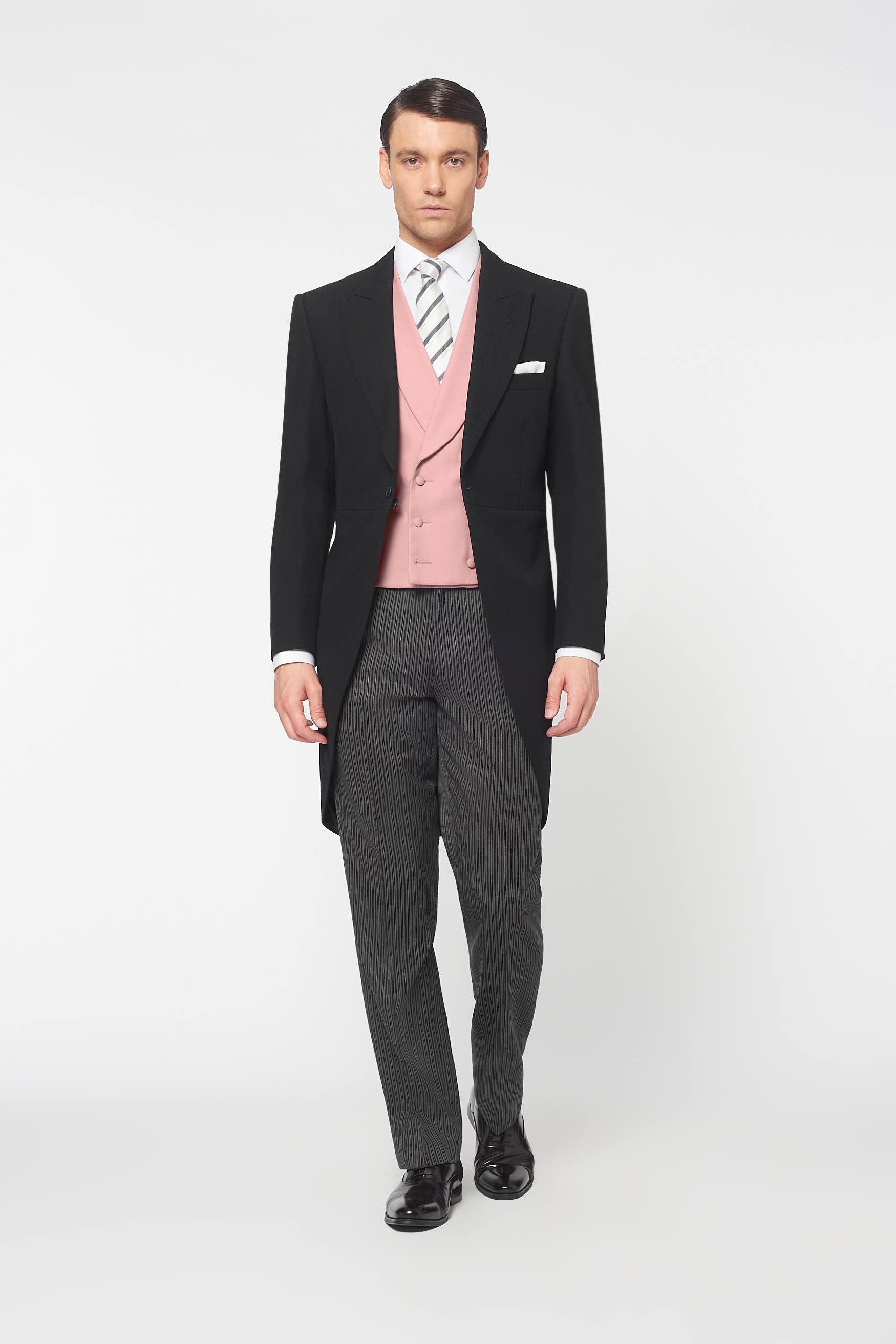 Piece Black Herringbone Morning Suit for hire with Pale Pink