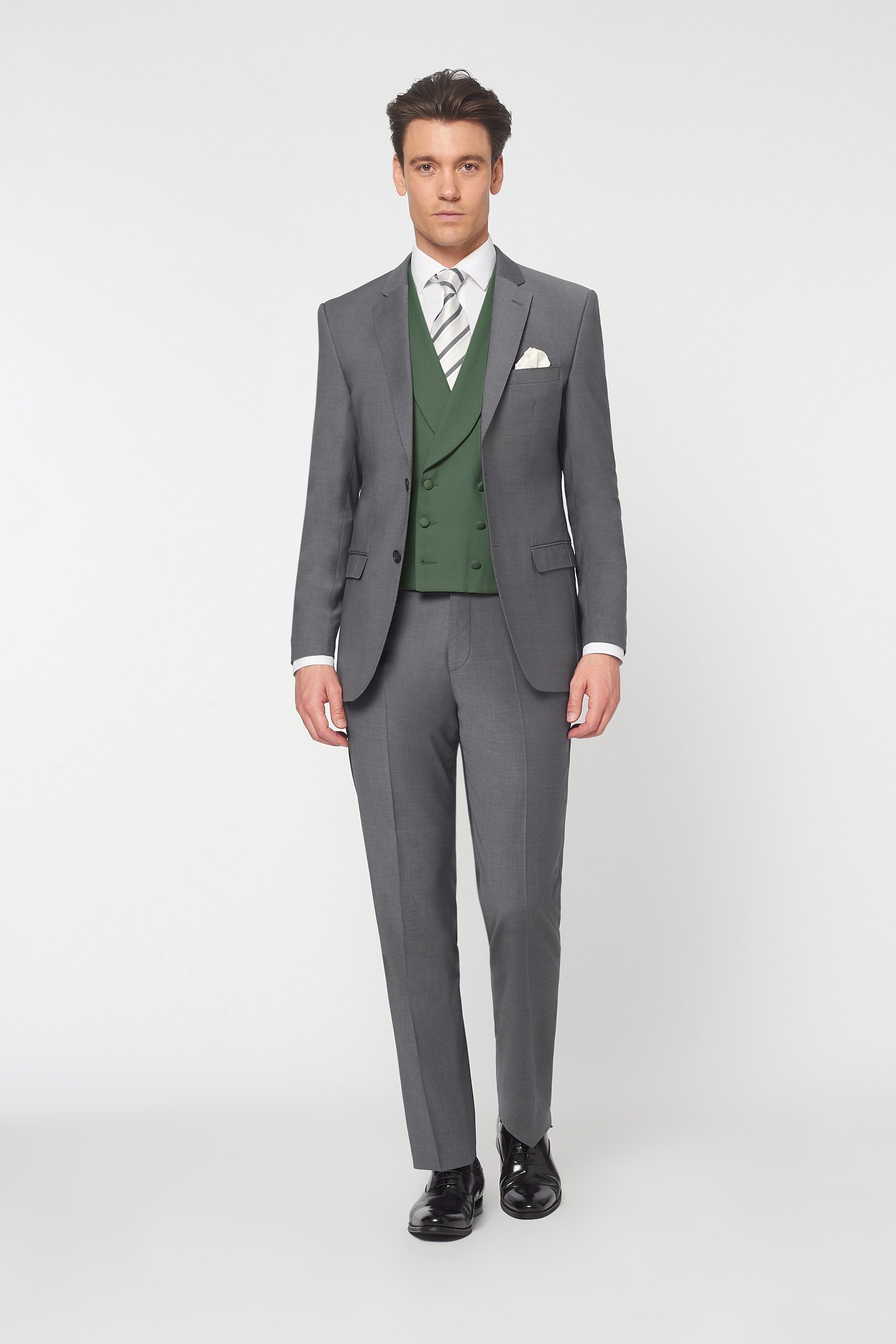 Piece Grey Slim Fit Suit to Hire with Green Double Breasted