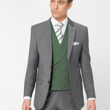 The Simkins - 3 Piece Grey Slim Fit Suit | Deep Green Double Breasted Waistcoat