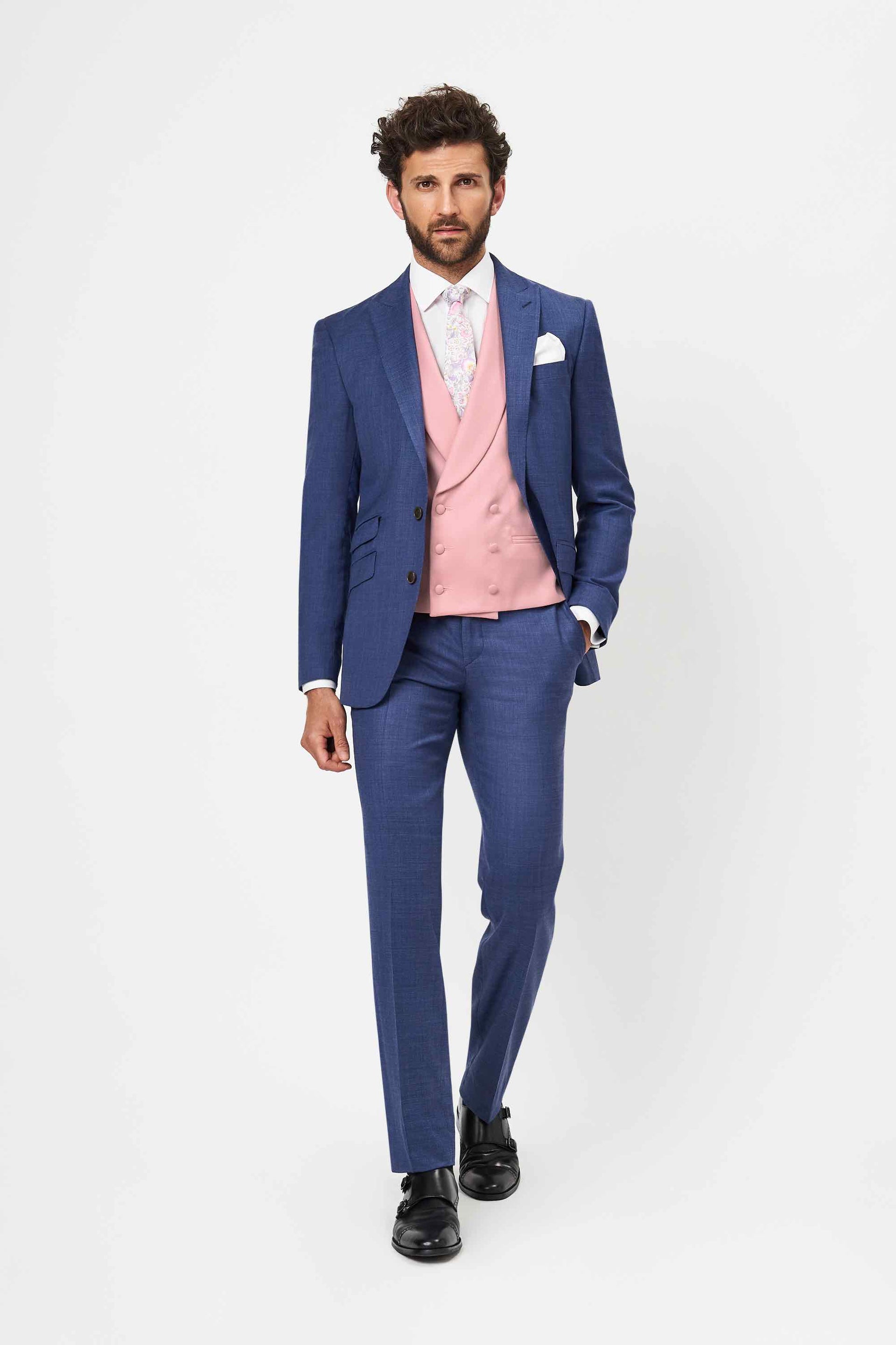 Hire Piece Italian Blue Suit with Pale Pink Double Breasted
