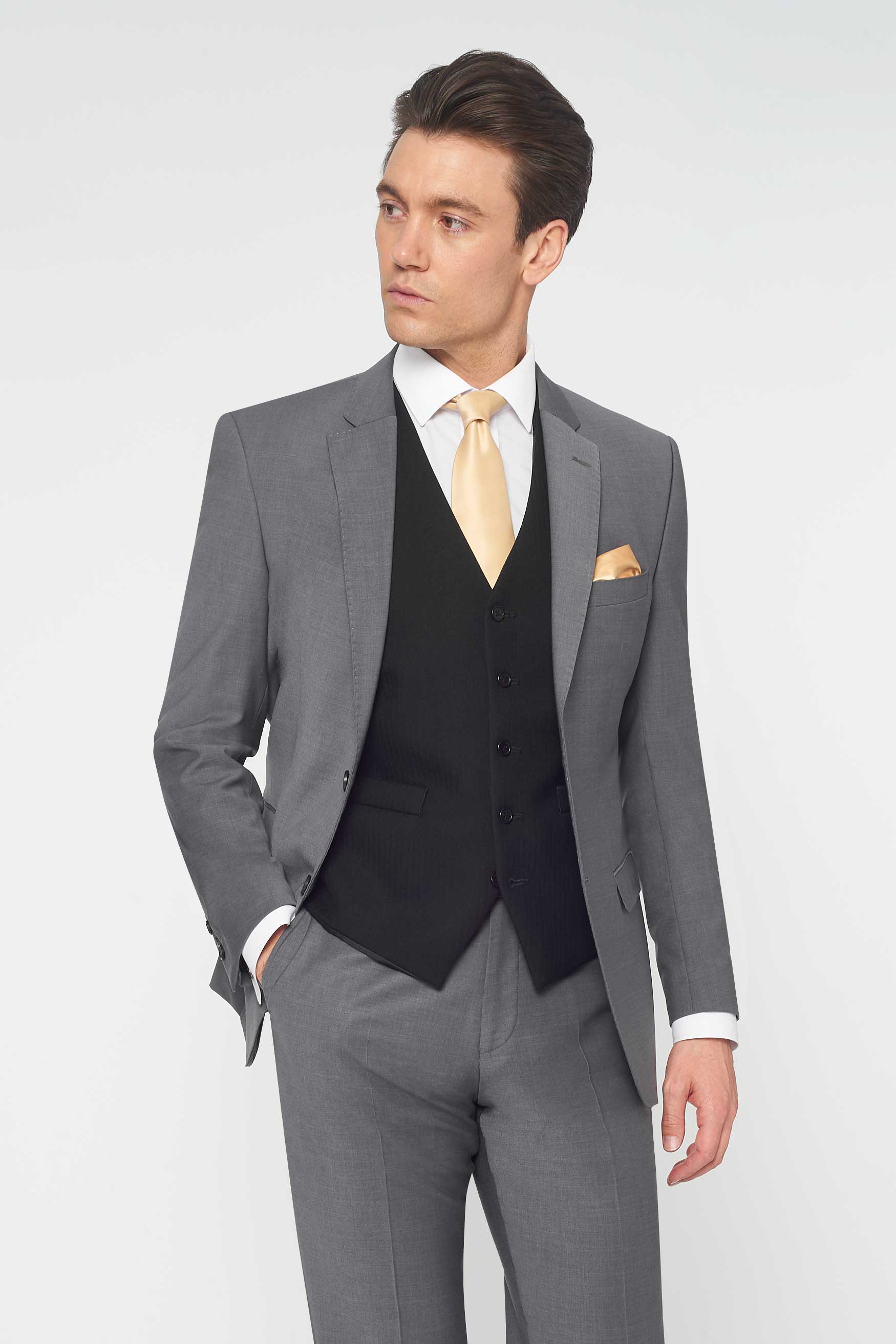 Piece Grey Slim Fit Suit with Black Waistcoat to Hire