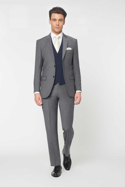 3 Piece Grey Slim Fit Suit to hire with Blue Waistcoat Rathbones Tailor