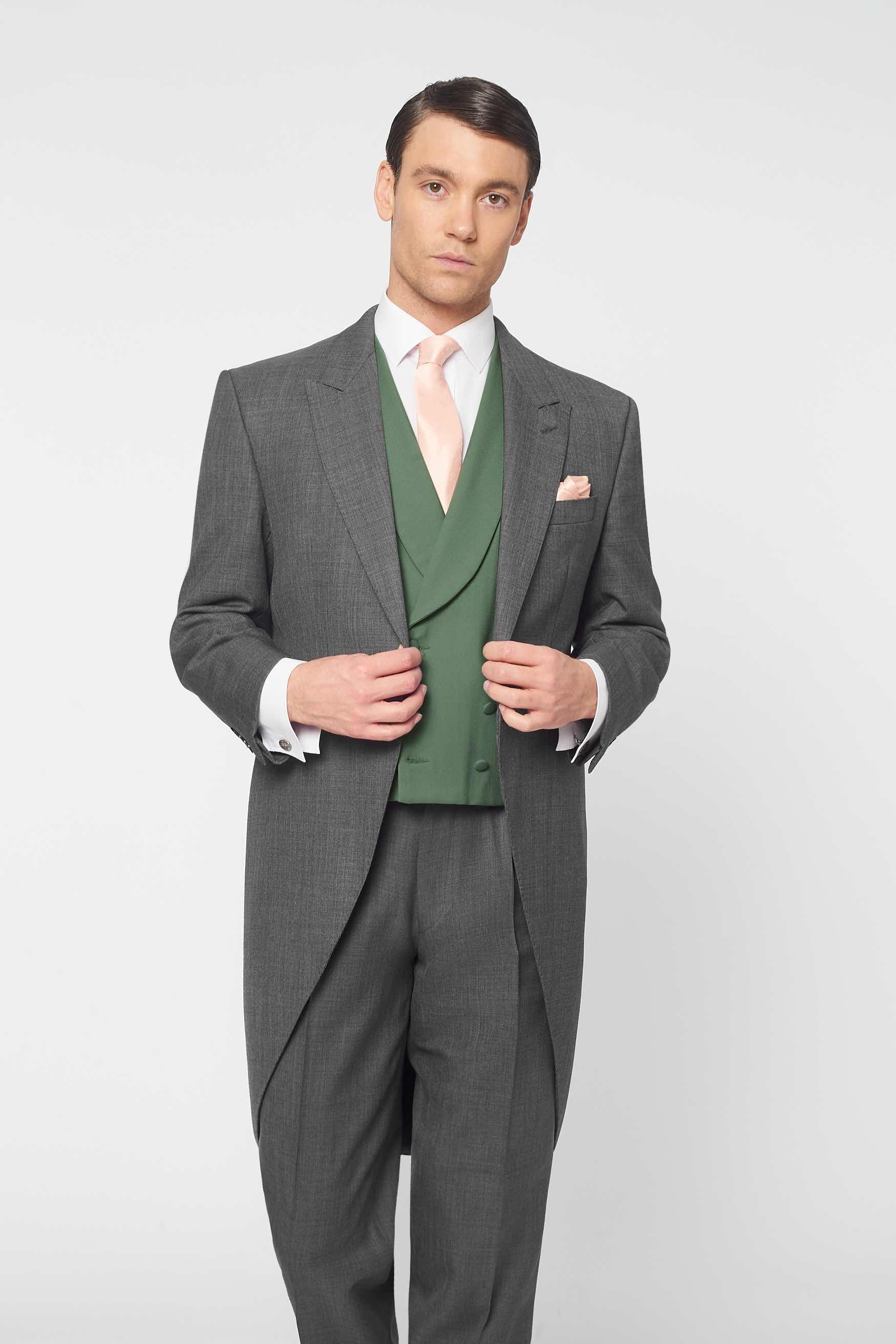 3 piece Mid Grey Tailcoat with Deep Green Double Breasted Waistcoat to hire Rathbones Tailor 3 piece Mid Grey Tailcoat with Deep Green Double Breasted Waistcoat to hire Rathbones Tailor